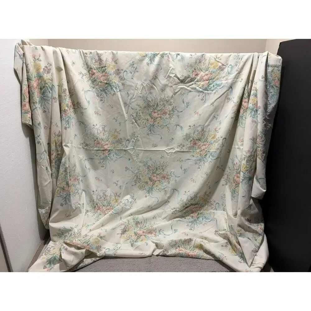 Vintage Pequot Flat Sheet Double Bed Floral Ribbon Pastel Y2K 90s USA